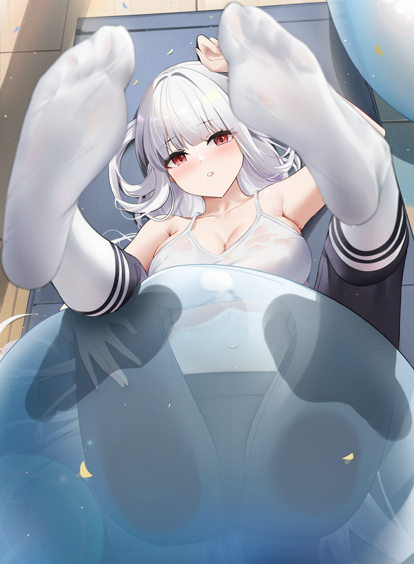 1girl, ass, azur_lane, ball, black_pants, blush, breasts, cleavage, collarbone, commentary_request, exercise_ball, feet, foot_focus, full_body, hair_spread_out, highres, large_breasts, long_hair, looking_at_viewer, lying, marseillaise_(azur_lane), marseillaise_(fighting_angel's_regimen)_(azur_lane), no_shoes, official_alternate_costume, pants, presenting_foot, qing_wu, red_eyes, sitting, socks, soles, soles_of_feet_in_socks, solo, sports_bra, sweat, toes, very_long_hair, white_hair, white_socks, white_sports_bra, yoga_pants