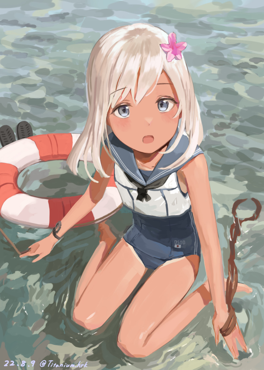1girl, absurdres, blonde_hair, blue_one-piece_swimsuit, blue_sailor_collar, bracelet, crop_top, flower