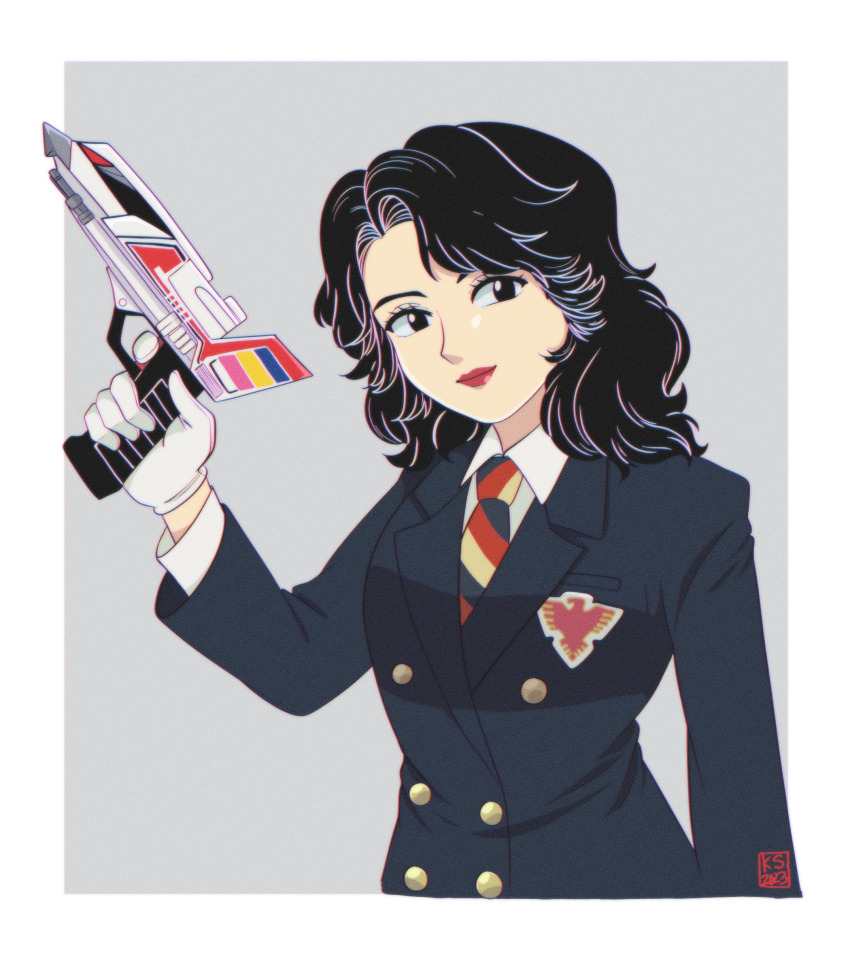 1girl, absurdres, badge, black_eyes, black_hair, black_jacket, border, breast_pocket