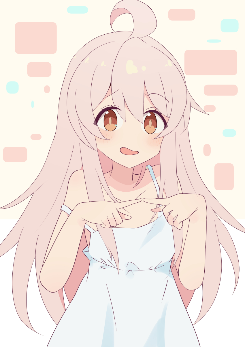 1girl, absurdres, ahoge, blush, brown_eyes, collarbone, dot_nose, dress