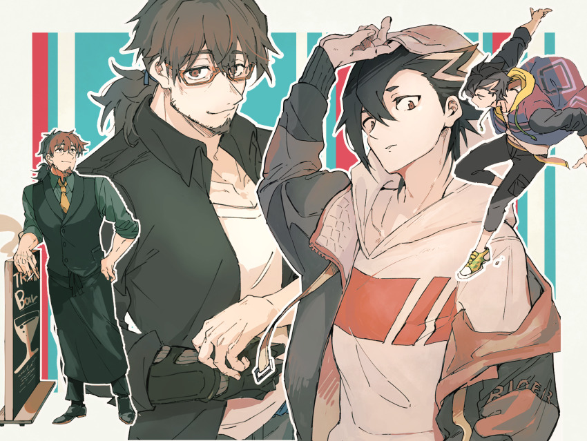 2boys, apron, bartender, bespectacled, between_fingers, black_hair, black_jacket, black_pants, black_vest, blue_ribbon, brown_eyes, brown_hair, cigarette, closed_mouth, collarbone, facial_hair, fate/grand_order, fate_(series), glasses, goatee, hector_(bar-troia)_(fate), hector_(fate), hector_(sheep_counting_lullaby)_(fate), highres, holding, hood, hood_up, hoodie, jacket, male_focus, mandricardo_(fate), mandricardo_(summer_sportswear)_(fate), mandricardo_(winter_caravan_online_2021)_(fate), multiple_boys, necktie, official_alternate_costume, orange-framed_eyewear, pants, parted_lips, ponytail, ribbon, shoes, short_hair, sign, smoking, tumikilondon5, vest, waist_apron, white_hoodie, yellow_necktie, yellow_shoes