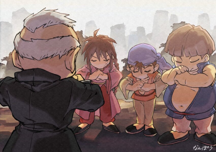 1girl, 3boys, bandana, braid, brown_hair, chibi, chinese_clothes, closed_mouth