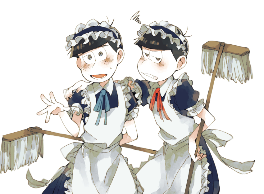 2boys, alternate_costume, apron, black_dress, black_hair, blue_ribbon, blush, bow