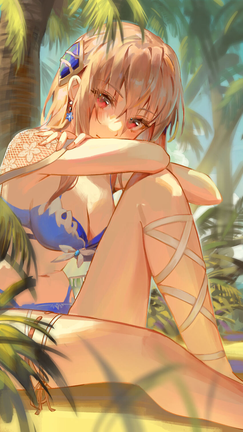 1girl, bikini, blue_bikini, blush, breasts, brown_hair, cleavage, closed_mouth