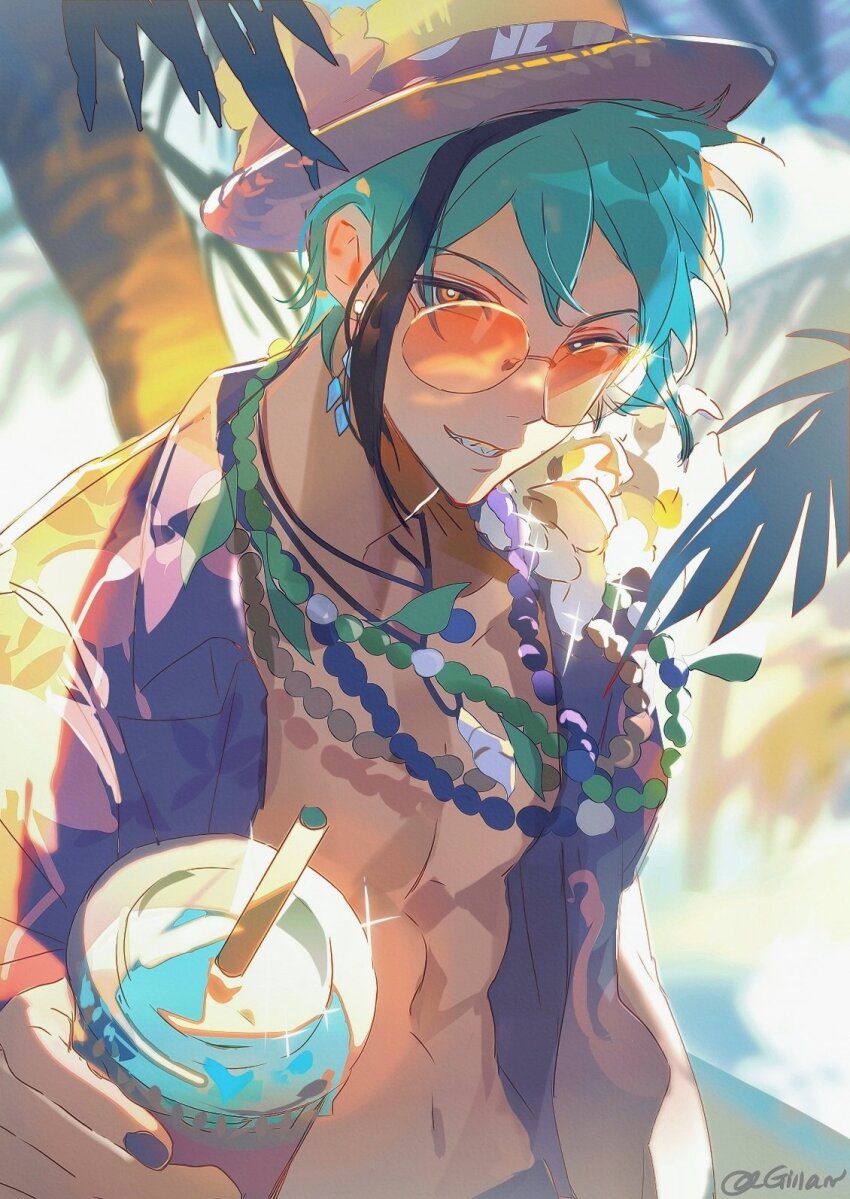 1boy, abs, alternate_costume, artist_name, black_nails, black_shirt, cup, dappled_sunlight