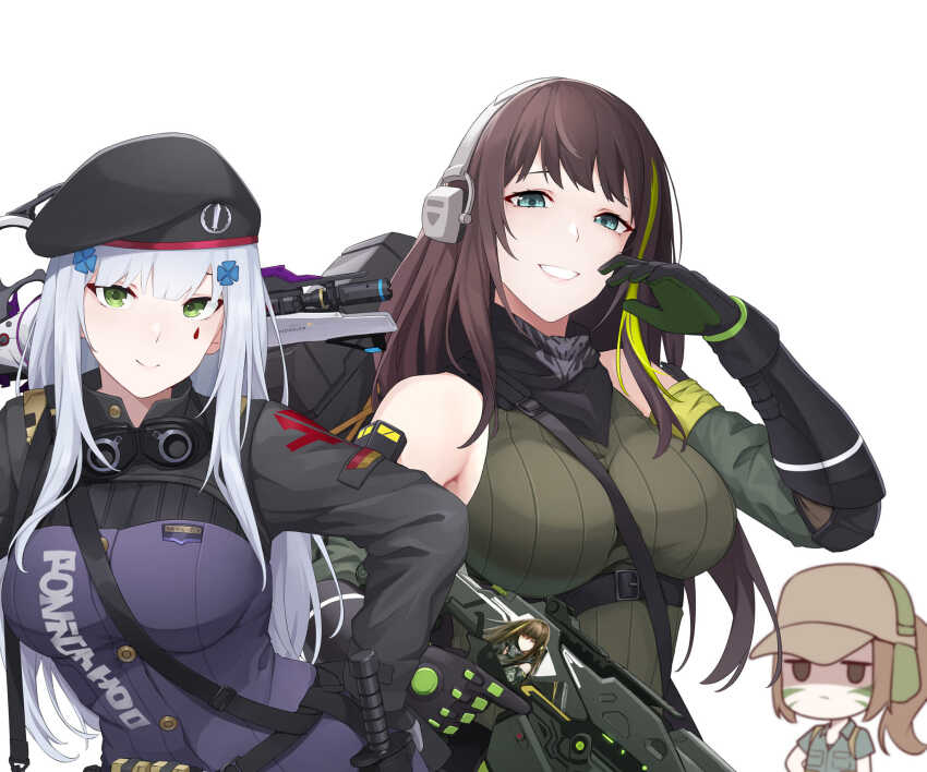 assault_rifle, bandana, beret, blunt_bangs, breasts, brown_eyes, brown_hair, call_of_duty