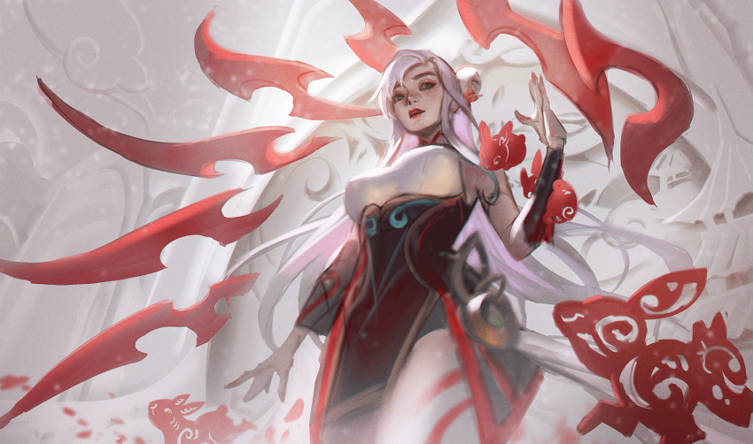 1girl, alternate_costume, animal_ears, animated, animated_gif, asymmetrical_bangs, bare_shoulders, black_sleeves, breasts, chenbo, commentary, detached_sleeves, earrings, english_commentary, eyeshadow, facial_mark, floating_hair, forehead_mark, forehead_tattoo, green_eyes, hair_bun, hair_ornament, indoors, irelia, jewelry, large_breasts, league_of_legends, light, light_blush, long_hair, makeup, mythmaker_irelia, nail_polish, official_alternate_costume, official_art, parted_lips, rabbit_ears, rabbit_on_shoulder, red_lips, red_nails, red_ribbon, ribbon, sidelocks, single_detached_sleeve, single_wide_sleeve, smile, solo, standing, tattoo, temple, weapon, white_hair