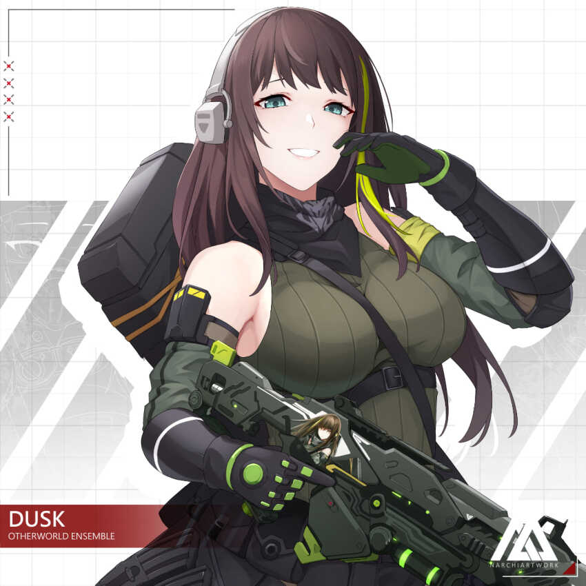 1girl, artist_logo, assault_rifle, bandana, breasts, brown_eyes, brown_hair, call_of_duty