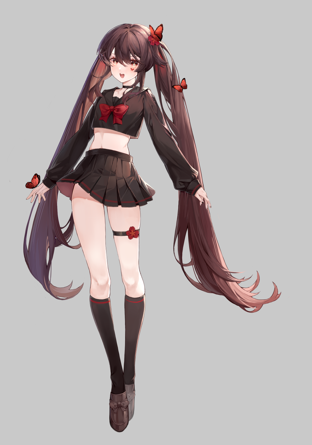 1girl, alternate_costume, black_choker, black_nails, black_shirt, black_skirt, black_socks, bow, bowtie, brown_hair, brown_shoes, bug, butterfly, butterfly_on_hand, butterfly_on_head, butterfly_tattoo, choker, clear_regulus, commentary, cropped_shirt, flower, flower-shaped_pupils, full_body, genshin_impact, grey_background, hair_flower, hair_ornament, highres, hu_tao_(genshin_impact), insect, kneehighs, long_hair, long_sleeves, looking_at_viewer, midriff, miniskirt, open_mouth, pleated_skirt, red_bow, red_bowtie, red_flower, school_uniform, serafuku, shirt, shoes, simple_background, skirt, socks, solo, untranslatable_commentary, symbol-shaped_pupils, tattoo, thigh_strap, twintails, very_long_hair