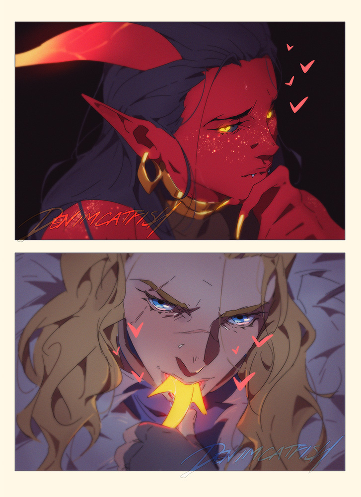 2girls, black_hair, black_sclera, blonde_hair, blue_eyes, colored_sclera, colored_skin, denimcatfish