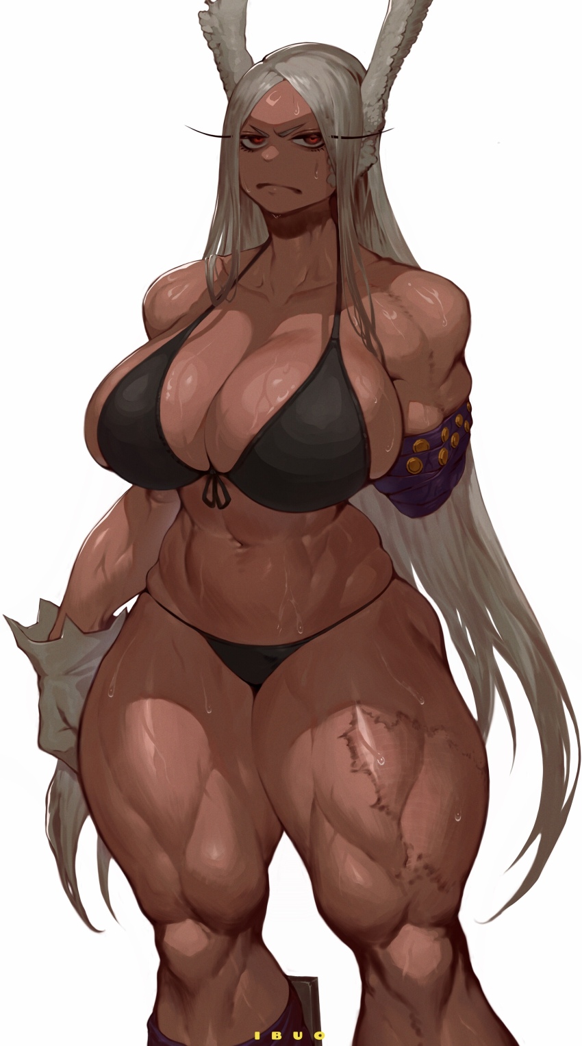 1girl, absurdres, amputee, animal_ears, arm_strap, artist_name, bare_shoulders, bikini, black_bikini, boku_no_hero_academia, breasts, cleavage, curvy, dark-skinned_female, dark_skin, front-tie_top, frown, gloves, highres, huge_breasts, ibuo_(ibukht1015), long_hair, looking_at_viewer, mirko, muscular, muscular_female, navel, parted_bangs, rabbit_ears, rabbit_girl, red_eyes, scar, scar_on_leg, skindentation, solo, stomach, sweat, swimsuit, thick_thighs, thighs, tourniquet, very_long_hair, white_background, white_gloves, white_hair