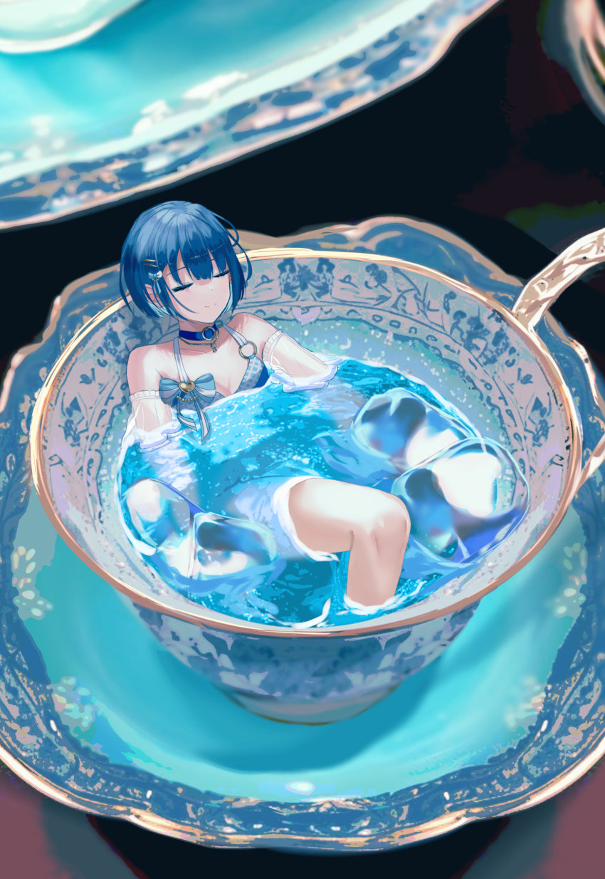 1girl, absurdres, bikini, blue_bikini, blue_bow, blue_choker, blue_hair, blue_theme, blunt_bangs, blurry, blurry_background, bow, breasts, choker, cleavage, closed_eyes, collarbone, commentary, cup, detached_sleeves, hair_ornament, hairclip, halterneck, highres, ice, ice_cube, jewelry, kiritani_haruka, medium_breasts, mini_person, minigirl, necklace, neu_33, partially_submerged, project_sekai, qinghua_(porcelain), saucer, short_hair, sidelocks, smile, solo, swimsuit, teacup, water