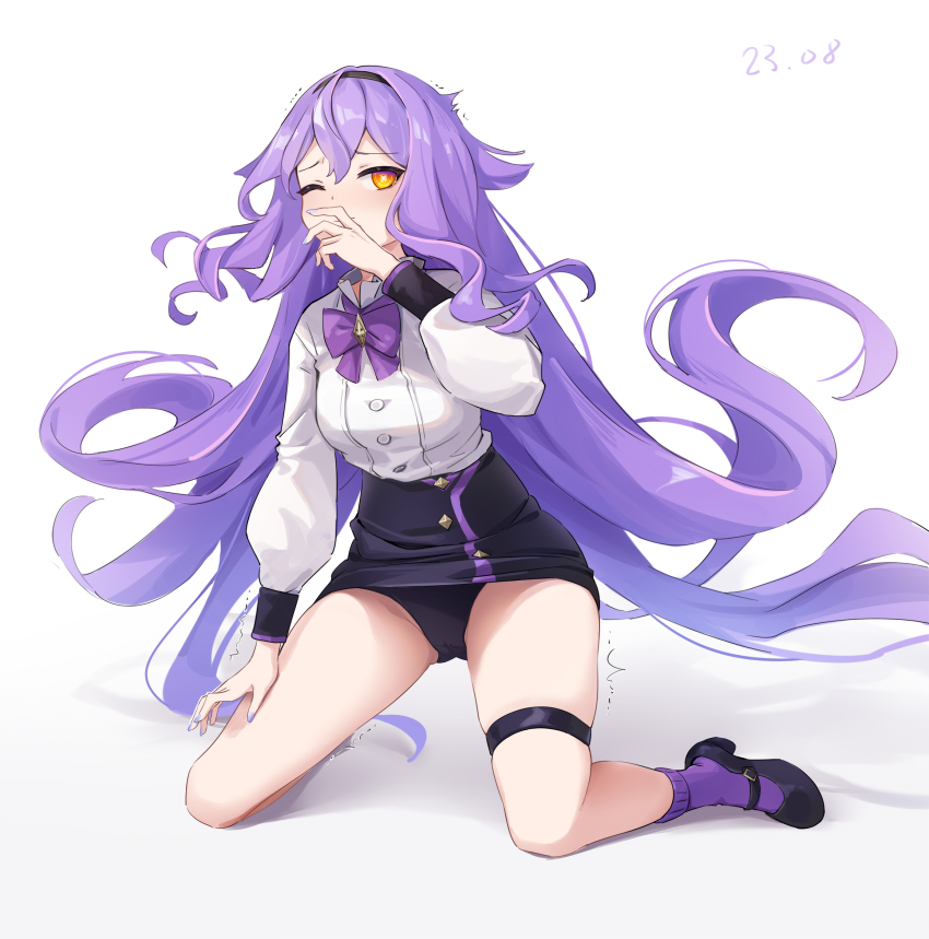 1girl, black_hairband, black_panties, black_shoes, black_skirt, blush, bow, bowtie