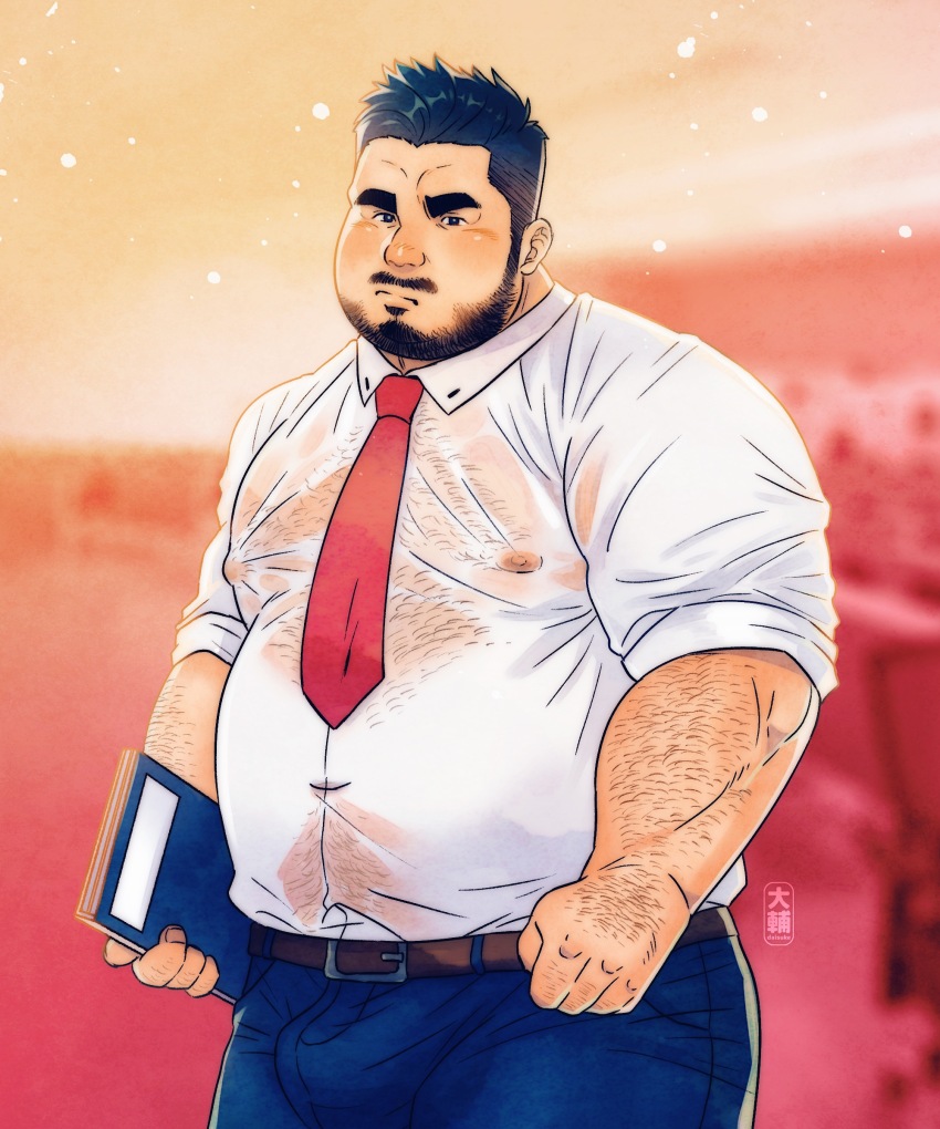 1boy, absurdres, arm_hair, bara, beard, belly, belt, black_hair, bulge, chest_hair, clenched_hand, covered_erect_nipples, covered_navel, daisukebear, denim, facial_hair, fat, fat_man, frown, hairy, highres, jeans, large_pectorals, looking_at_viewer, male_focus, mature_male, muscular, muscular_male, mustache, navel, navel_hair, necktie, original, pants, pectorals, pout, red_necktie, salaryman, see-through_clothes, shirt, short_hair, sideburns, sleeves_rolled_up, solo, thick_thighs, thighs, topless_male, wet, wet_clothes, wet_shirt