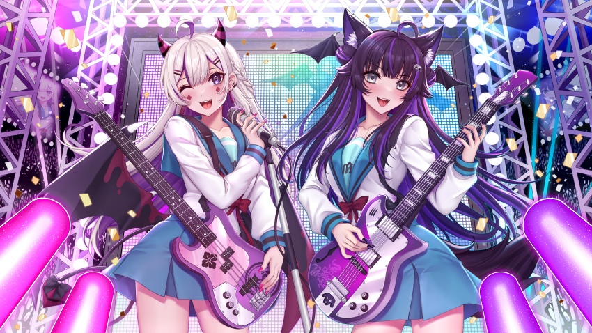 2girls, :d, ;d, absurdres, animal_ears, black_eyes, blue_sailor_collar, blue_skirt