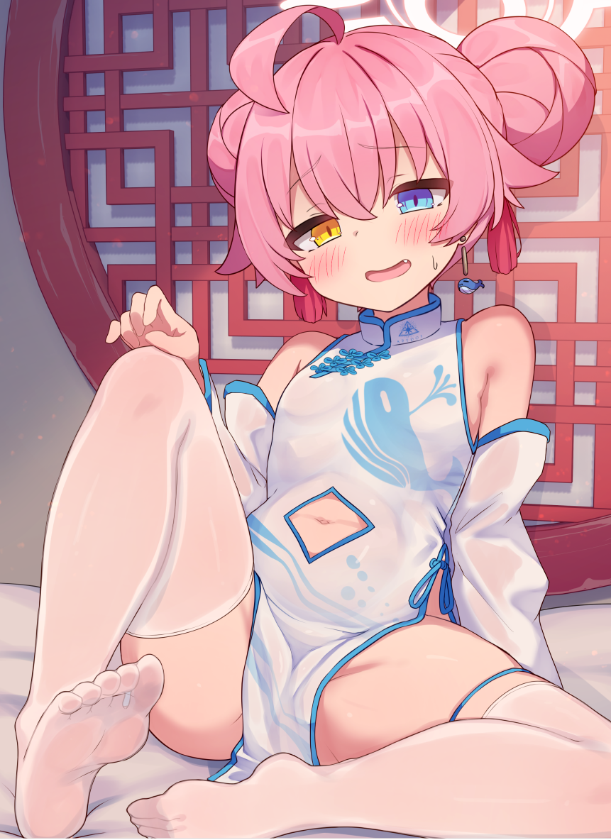 1girl, ahoge, alternate_costume, alternate_hairstyle, bare_shoulders, blue_archive, blue_eyes, blush, breasts, clothing_cutout, commentary_request, commission, crossed_bangs, detached_sleeves, diamond_cutout, double_bun, dress, earrings, fang, female_focus, full_body, hair_between_eyes, hair_bun, halo, heterochromia, hoshino_(blue_archive), jewelry, loli, lolikaku, long_sleeves, looking_at_viewer, navel, navel_cutout, no_shoes, open_mouth, pelvic_curtain, pink_hair, pink_halo, short_hair, sitting, skeb_commission, sleeveless, sleeveless_dress, small_breasts, soles, solo, spread_legs, sweat, thighhighs, toes, whale_earrings, white_dress, white_sleeves, white_thighhighs, yellow_eyes