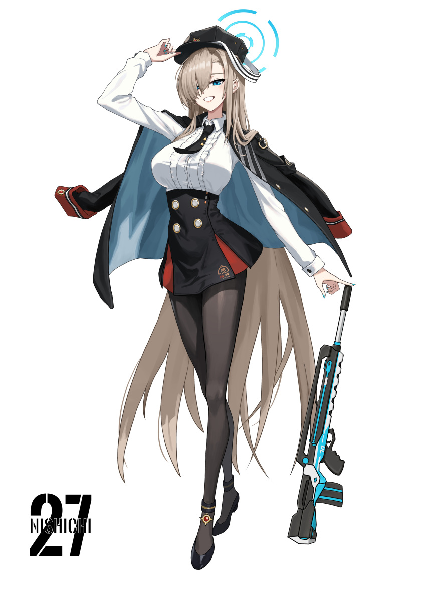 1girl, absurdres, artist_name, assault_rifle, asuna_(blue_archive), black_footwear, black_hat, black_jacket, black_necktie, black_pantyhose, black_skirt, blue_archive, blue_eyes, blue_halo, breasts, bullpup, commentary_request, cosplay, famas, full_body, grin, gun, hair_over_one_eye, halo, hand_up, haruna_(blue_archive), haruna_(blue_archive)_(cosplay), hat, hat_tug, high-waist_skirt, high_heels, highres, jacket, jacket_on_shoulders, large_breasts, light_brown_hair, long_hair, long_sleeves, nail_polish, necktie, nishichi, pantyhose, peaked_cap, rifle, shirt, simple_background, skirt, smile, solo, standing, two-sided_fabric, two-sided_jacket, very_long_hair, weapon, white_background, white_shirt