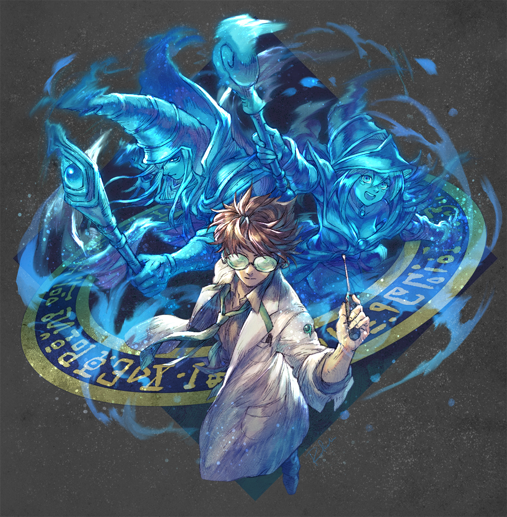 1girl, 2boys, blush_stickers, breasts, brown_hair, cleavage, coat, dark_magician