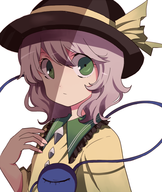 1girl, female_focus, green_eyes, grey_hair, hat, komeiji_koishi, purple_hair, shade