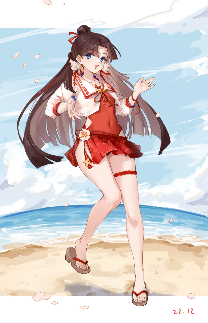 1girl, absurdres, beach, blue_eyes, brown_hair, cloud, earrings, ejieaa, enmusubi_no_kami_(onmyoji), flower, full_body, hair_bun, hair_flower, hair_ornament, hair_ribbon, highres, jewelry, leg_ribbon, long_hair, looking_at_viewer, ocean, one-piece_swimsuit, onmyoji, open_mouth, outdoors, petals, red_skirt, ribbon, sand, sandals, shirt, skirt, sky, smile, solo, standing, swimsuit, water, white_shirt