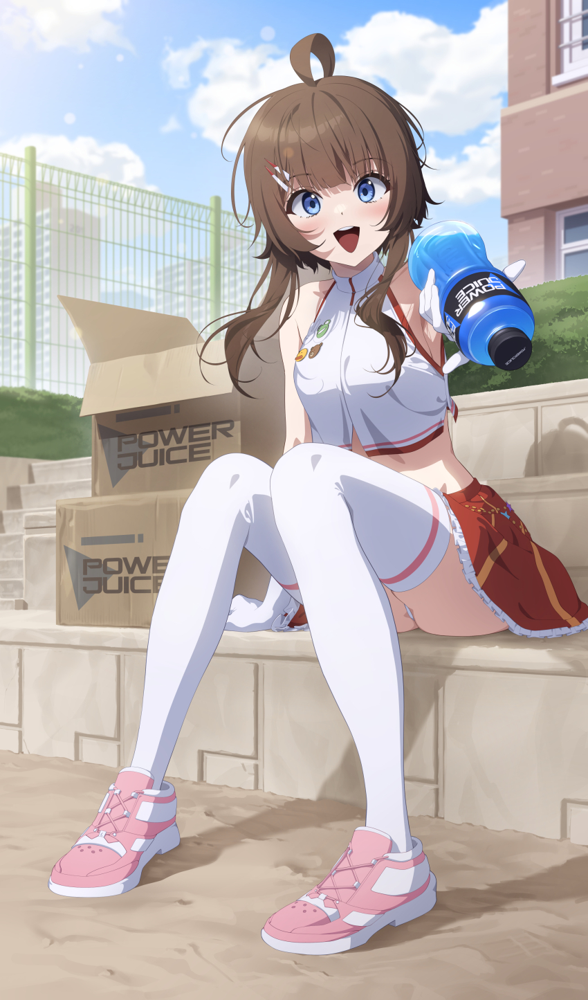 1girl, absurdres, ahoge, armpits, bare_shoulders, blue_eyes, bottle, box