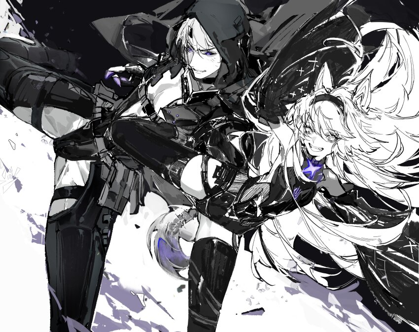 1boy, 1girl, abs, absurdres, animal_ears, bodysuit, camu:_crocotta_(pgr), camu_(pgr), camu_(punishing:_gray_raven), character_request, detached_sleeves, flying_kick, greyscale, hairband, high_kick, highres, hood, hooded_coat, kicking, long_hair, mechanical_tail, messy_hair, monochrome, no._21:_feral_(pgr), no._21_(pgr), open_mouth, pants, parted_lips, pectorals, punishing:_gray_raven, secretfj520, short_hair, sleeves_past_fingers, sleeves_past_wrists, spot_color, tail, teeth, upper_teeth_only, very_long_hair, wide_sleeves, wolf_ears, wolf_tail