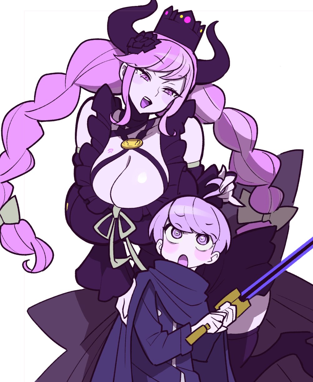 1boy, 1girl, age_difference, black_horns, blush, breasts, cleavage, crown, hair_ribbon, highres, holding, holding_sword, holding_weapon, horns, huge_breasts, kakuzatou_(satousatotototo), long_hair, looking_at_another, master_detective_archives:_rain_code, naughty_face, onee-shota, open_mouth, pink_eyes, pink_hair, ribbon, shinigami_(rain_code), shiny_skin, shota, sidelocks, size_difference, surprised, sword, twintails, weapon, white_background