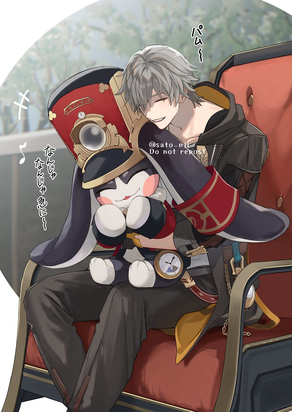 +++, 1boy, ^_^, artist_name, black_jacket, black_pants, caelus_(honkai:_star_rail), chain, chair, closed_eyes, collarbone, commentary_request, feet_out_of_frame, grey_hair, hair_between_eyes, happy, hat, highres, honkai:_star_rail, honkai_(series), hood, hood_down, hooded_jacket, hug, jacket, lapels, laughing, male_focus, musical_note, on_chair, open_mouth, orange_ribbon, pants, peaked_cap, pocket_watch, pom-pom_(honkai:_star_rail), red_headwear, red_ribbon, ribbon, sato_nji, short_hair, sitting, smile, teeth, trailblazer_(honkai:_star_rail), translation_request, twitter_username, upper_teeth_only, watch, watermark