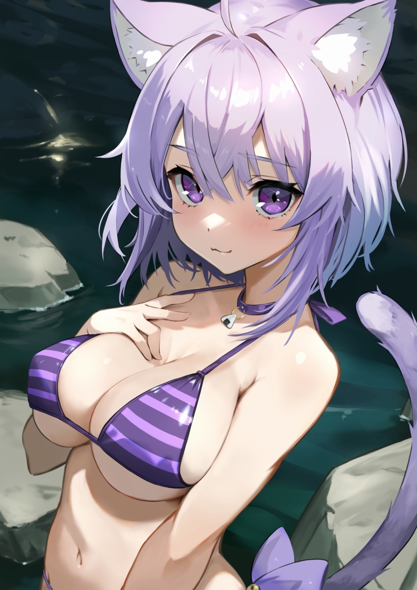 1girl, ahoge, animal_ear_fluff, animal_ears, bikini, breast_suppress, breasts, cat_ears