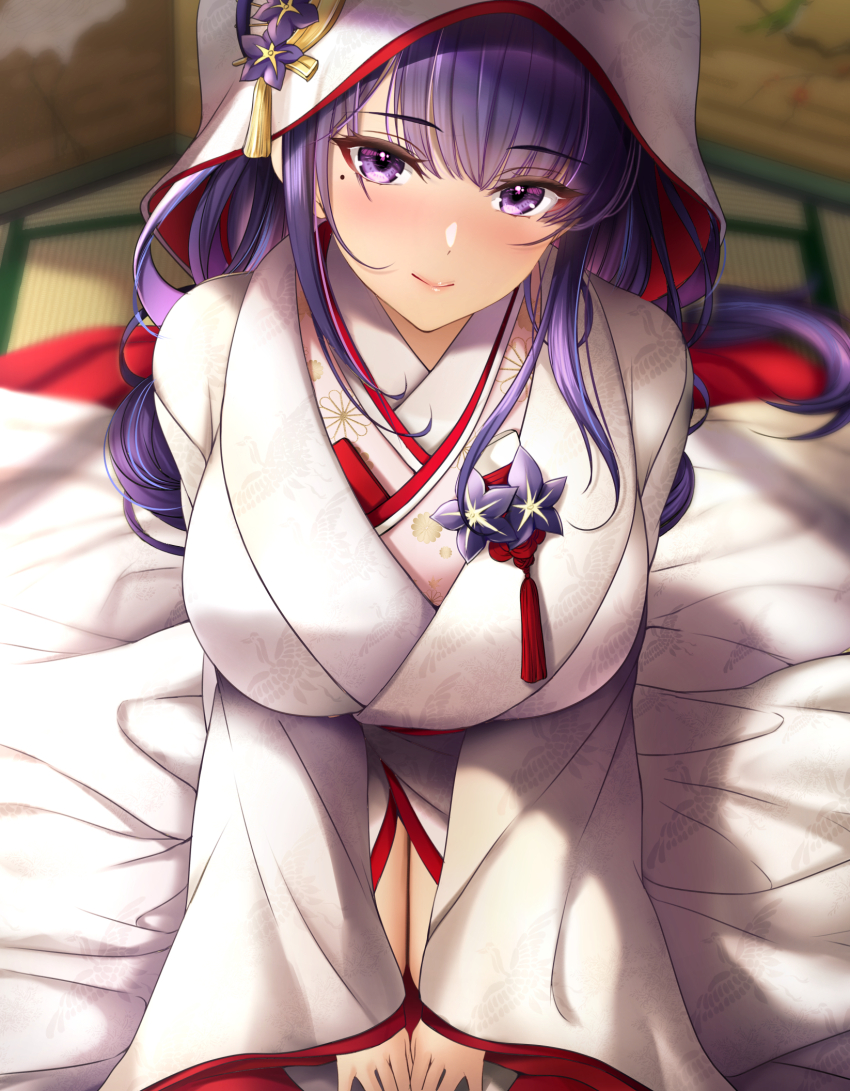 1girl, alternate_costume, animal_print, bird_print, blue_hair, blurry, blurry_background, blush, breasts, bride, closed_mouth, commentary, full_body, genshin_impact, hatori_mia, highres, indoors, japanese_clothes, kikumon, kimono, large_breasts, lips, long_hair, looking_at_viewer, mole, mole_under_eye, multicolored_hair, paid_reward_available, purple_eyes, purple_hair, raiden_shogun, seiza, sitting, smile, solo, streaked_hair, tassel, tatami, two-tone_hair, uchikake, wataboushi, white_kimono, wide_sleeves, zarei