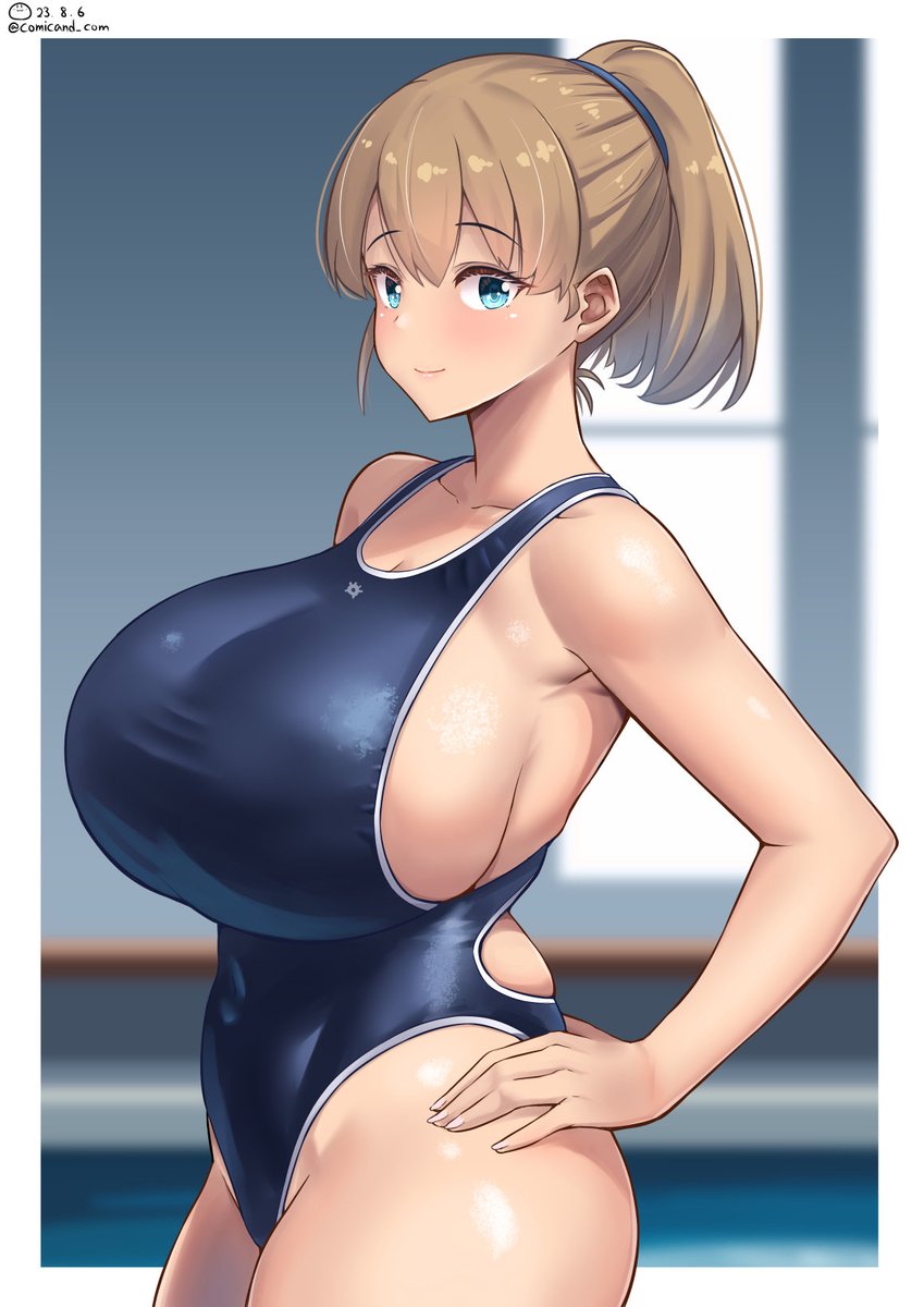 1girl, blue_eyes, blue_one-piece_swimsuit, blush, border, breasts, brown_hair, collarbone