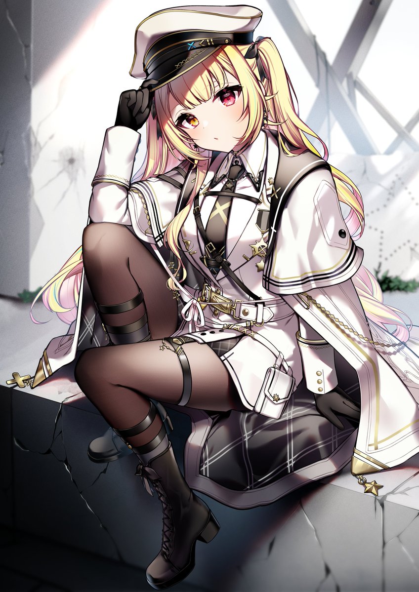 1girl, arm_up, belt, black_boots, black_gloves, black_necktie, black_pantyhose, black_ribbon