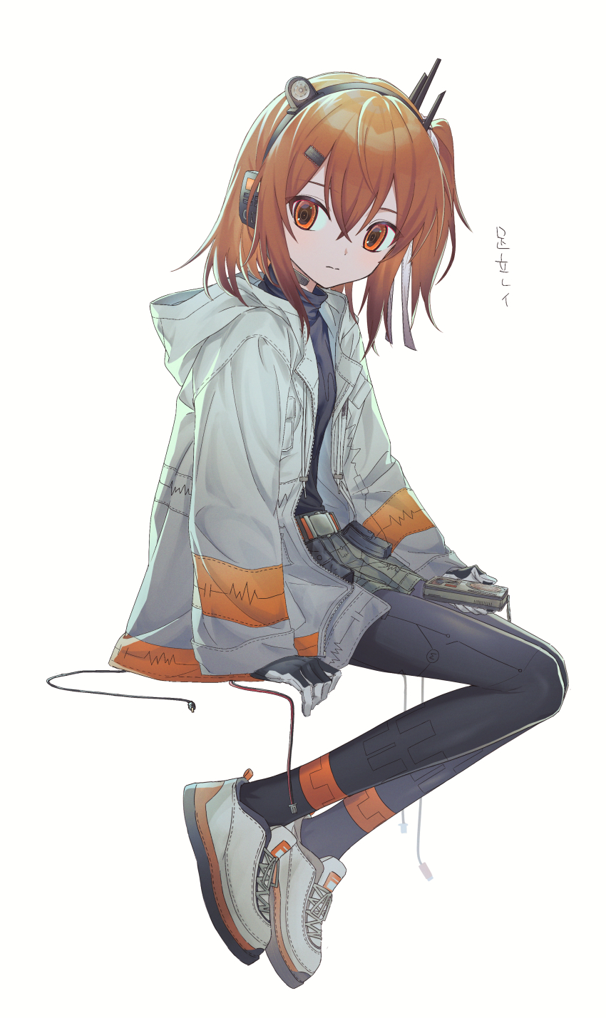 1girl, a.i._voice, absurdres, adachi_rei, android, arm_support, artificial_eye, belt, belt_pouch, black_gloves, black_leggings, cable, cassette_player, character_name, closed_mouth, commentary_request, crossed_bangs, dobudouhu, expressionless, from_side, full_body, gloves, grey_skirt, hair_ornament, hairclip, headlamp, headphones, highres, holding, hood, hood_down, hooded_jacket, invisible_chair, jacket, leggings, lens_eye, long_sleeves, looking_at_viewer, looking_to_the_side, mechanical_eyes, medium_hair, microphone, one_side_up, open_clothes, open_jacket, orange_belt, orange_eyes, orange_hair, pouch, radio_antenna, shoes, simple_background, single_mechanical_eye, sitting, skirt, sneakers, solo, text_in_eyes, translation_request, turtleneck, two-tone_gloves, utau, white_background, white_gloves, white_jacket