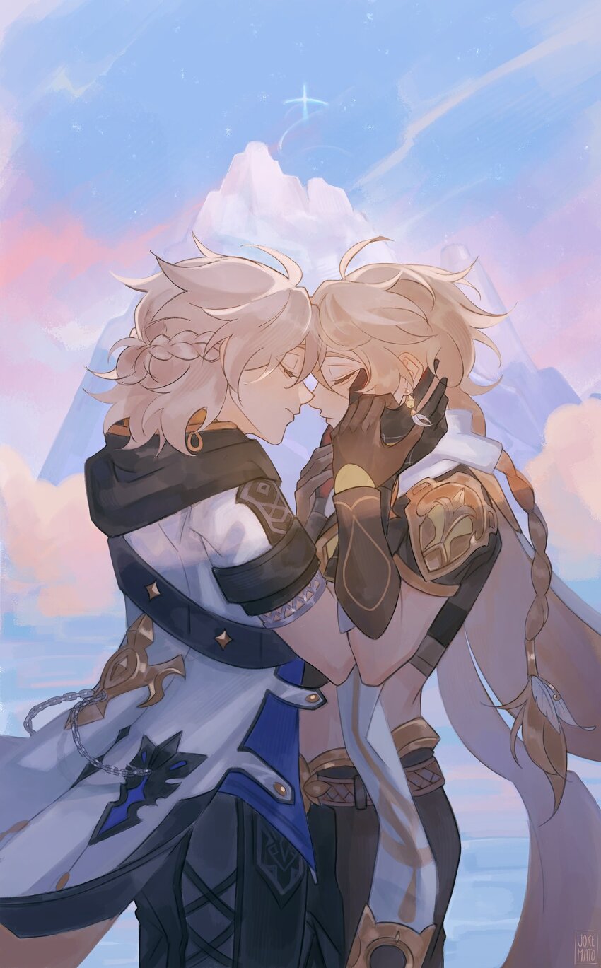 2boys, aether_(genshin_impact), ahoge, albedo_(genshin_impact), black_gloves, black_pants, blonde_hair, blue_shirt, braid, brown_gloves, brown_pants, brown_shirt, closed_eyes, crop_top, earrings, facing_another, genshin_impact, gloves, half_updo, hand_on_another's_cheek, hand_on_another's_face, highres, hood, hood_down, hoodie, jewelry, jokemato, long_hair, medium_hair, multiple_boys, pants, ponytail, shirt, short_ponytail, white_hoodie, yaoi