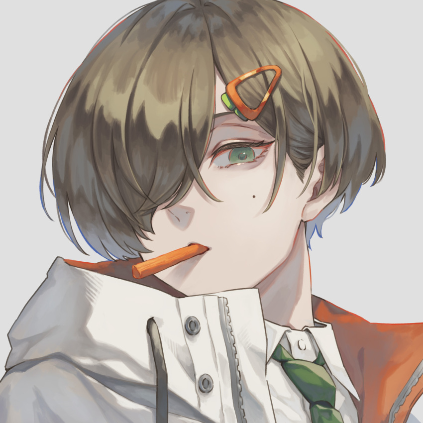 1boy, bishounen, brown_hair, carrot_hair_ornament, close-up, food-themed_hair_ornament, green_necktie, hair_ornament