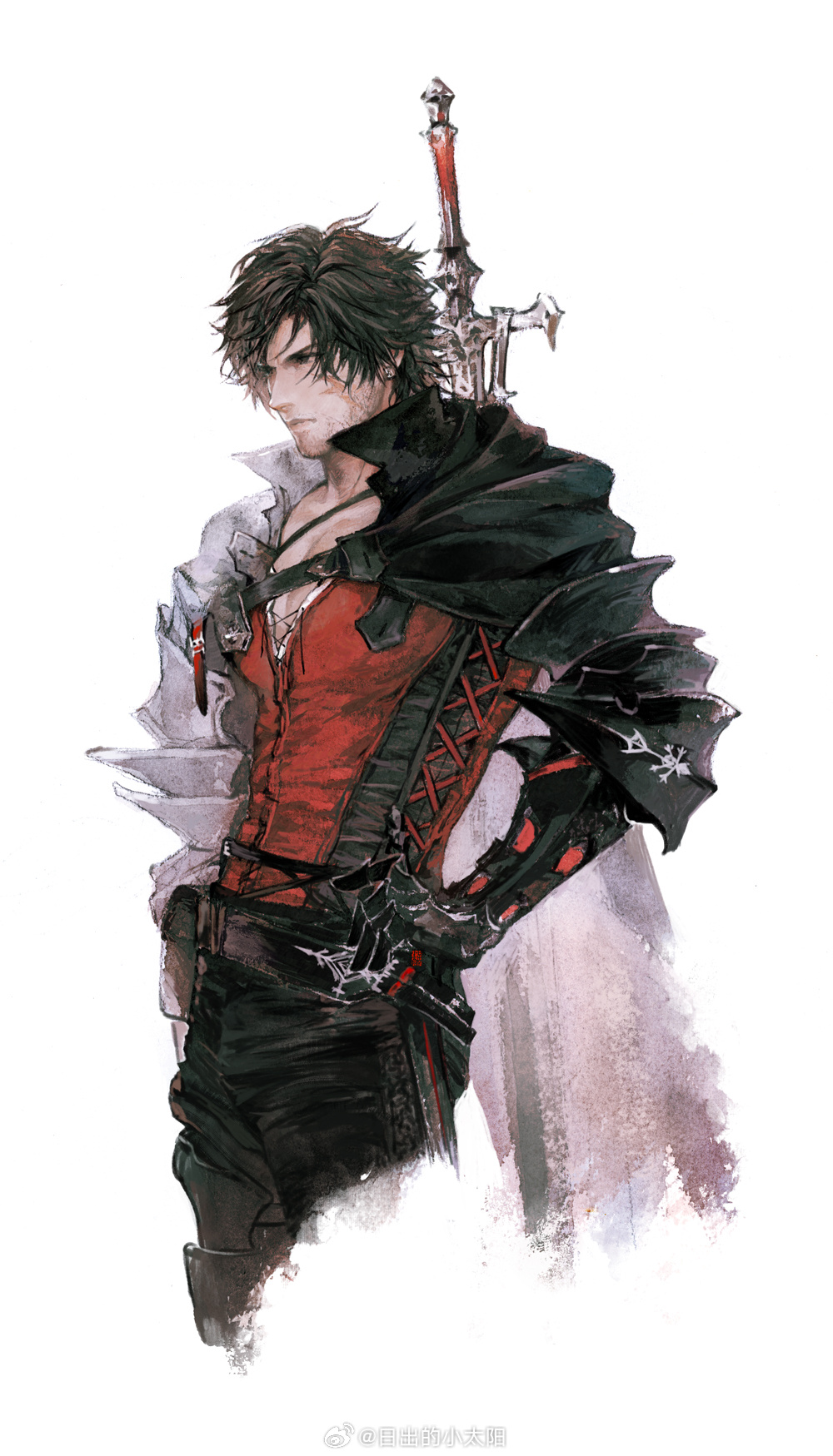 1boy, beard_stubble, black_cape, black_hair, blue_eyes, cape, clive_rosfield, facial_hair, final_fantasy, final_fantasy_xvi, gloves, highres, male_focus, richu_de_xiao_taiyang, scar, simple_background, square_enix, stubble, sword, upper_body, weapon, weapon_on_back