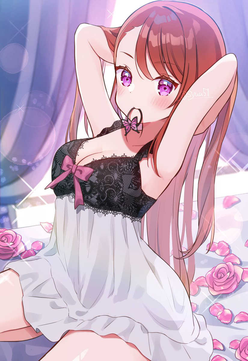 1girl, armpits, arms_behind_head, arms_up, asymmetrical_bangs, bare_arms, bed, blurry, blurry_background, blush, bow, breasts, brown_hair, cleavage, closed_mouth, collarbone, cowboy_shot, curtains, dress, dress_bow, flower, frilled_dress, frills, from_side, hair_lift, hair_tie_in_mouth, hands_in_own_hair, highres, hiiragi_syuu, hijiri_ageha, lace_trim, lens_flare, long_hair, looking_at_viewer, medium_breasts, mouth_hold, on_bed, petals, pink_bow, pink_eyes, pink_flower, precure, rose, short_dress, sitting, smile, solo, sparkle, straight_hair, swept_bangs