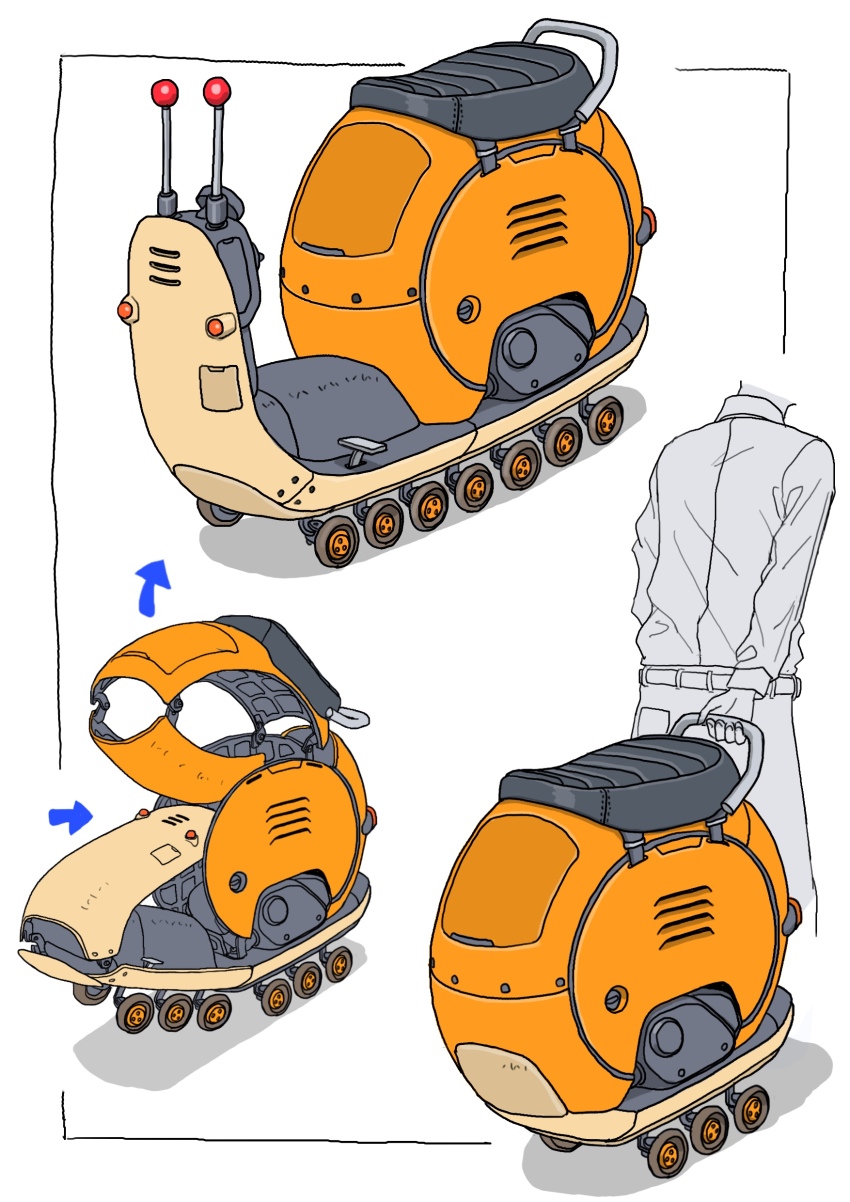 1boy, absurdres, animal-themed_vehicle, arrow_(symbol), gatling_santouhei, highres, machine, machinery