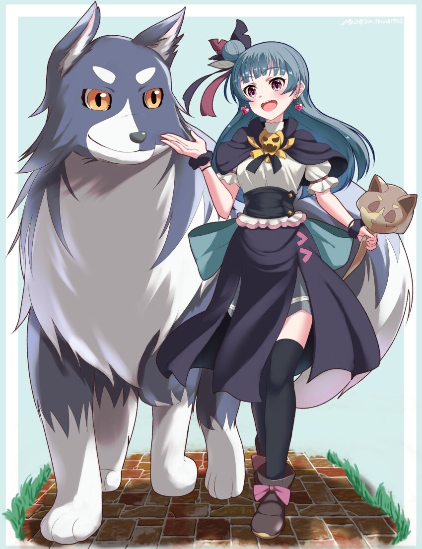 1girl, absurdres, blue_hair, blush, brick_road, dog, earrings, genjitsu_no_yohane