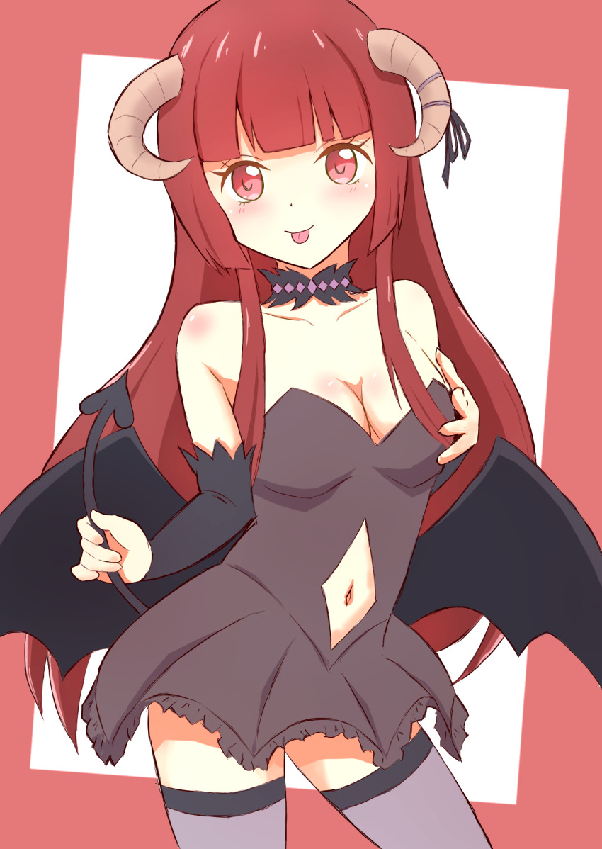 1girl, blush, breasts, brown_eyes, brown_hair, cleavage, clothing_cutout, demon_girl