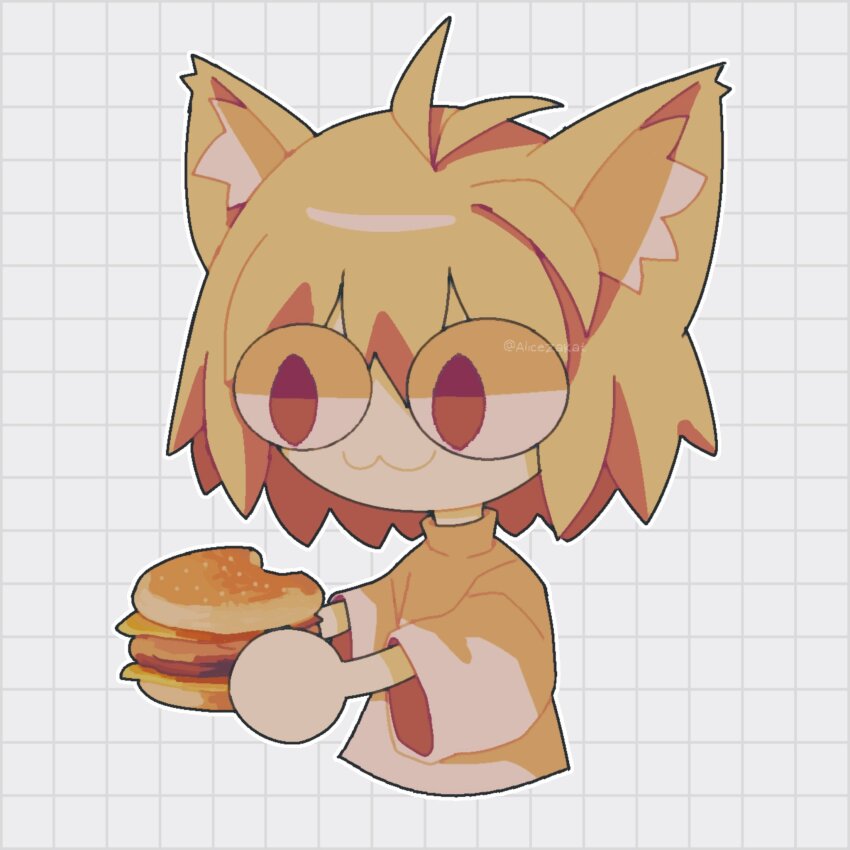 1girl, :3, alicezakat, animal_ear_fluff, animal_ears, antenna_hair, artist_name, burger