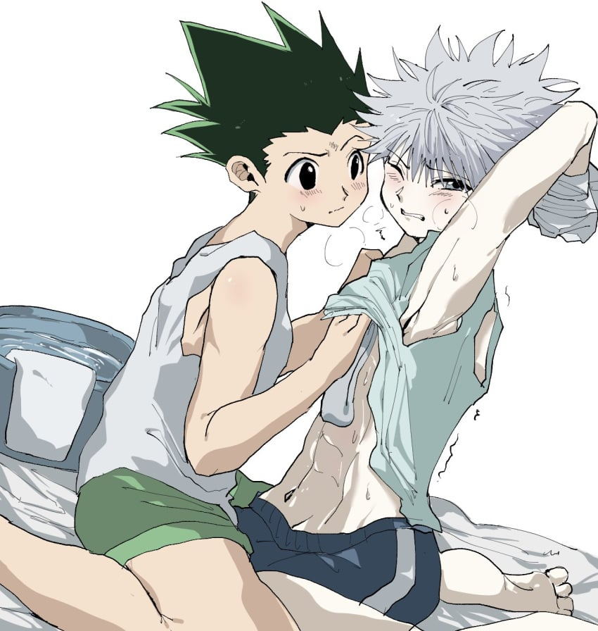 2boys, armpits, barefoot, bdsm, black_eyes, blue_eyes, blush, clothes_lift, feet, gon_freecss, green_eyes, grey_hair, hunter_x_hunter, kasukasugom1, killua_zoldyck, kodomo_doushi, male_focus, multiple_boys, restrained, shirt_lift, short_shorts, shorts, shota, sweat, tank_top, wince, wiping_body, yaoi