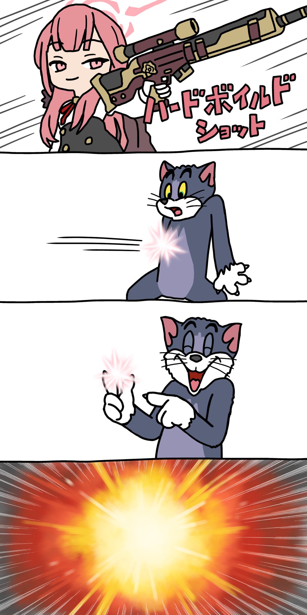 1girl, aru_(blue_archive), blue_archive, cartoon_logic, cat, chibi, explosion, firing