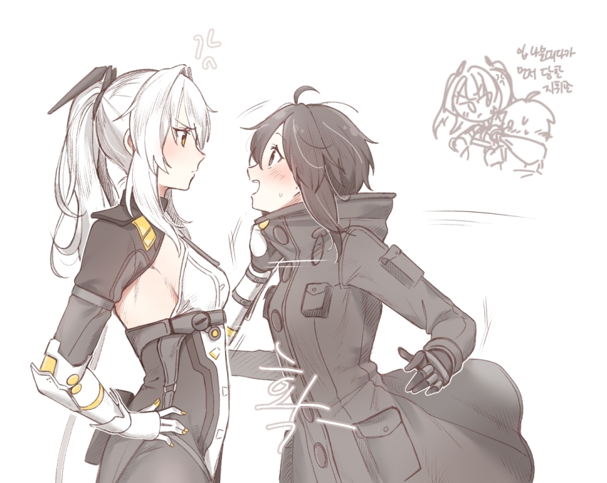 1girl, 1other, ahoge, ambiguous_gender, anger_vein, black_bodysuit, black_hair, blush, bodysuit, breasts, buttons, commandant_(pgr), grey_hair, hand_on_own_hip, headgear, karenina:_radiant_daybreak_(punishing:_gray_raven), karenina:_scire_(pgr), karenina_(pgr), long_sleeves, mechanical_arms, mechanical_hands, medium_hair, myam_(123ab456c), open_mouth, orange_eyes, parted_lips, punishing:_gray_raven, sideboob, sidelocks, single_mechanical_hand, small_breasts, sweatdrop, translation_request, twintails, white_background, white_bodysuit