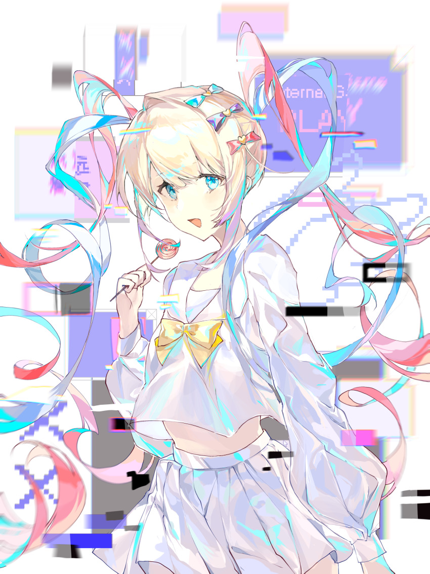 1girl, :d, absurdres, blonde_hair, blue_bow, blue_eyes, blue_hair, bow