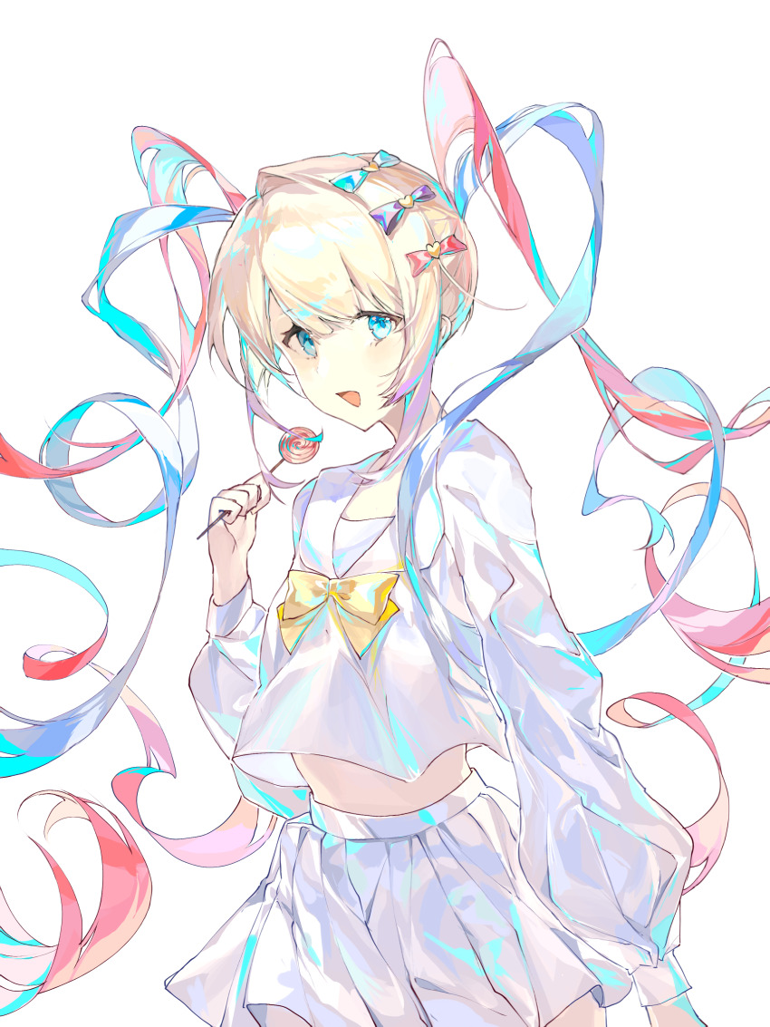 1girl, :d, absurdres, blonde_hair, blue_bow, blue_eyes, blue_hair, bow, candy, chinese_commentary, chouzetsusaikawa_tenshi-chan, commentary_request, ee63567857, food, hair_bow, hair_ornament, hand_up, heart, heart_hair_ornament, highres, holding, holding_candy, holding_food, holding_lollipop, iridescent_clothes, lollipop, long_hair, long_sleeves, looking_at_viewer, midriff, multicolored_hair, navel, needy_girl_overdose, open_mouth, pink_bow, pink_hair, pleated_skirt, purple_bow, quad_tails, sailor_collar, school_uniform, serafuku, shirt, simple_background, skirt, smile, solo, twintails, very_long_hair, white_background, white_shirt, white_skirt, yellow_bow
