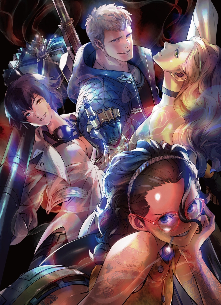 bengus, black_hair, blonde_hair, blue_eyes, brown_hair, cigarette, devil_breaker, devil_may_cry_(series), devil_may_cry_5, green_eyes, heterochromia, highres, lady_(devil_may_cry), nero_(devil_may_cry), nico_(devil_may_cry), overture_(devil_may_cry), rocket_launcher, trish_(devil_may_cry), weapon, white_hair