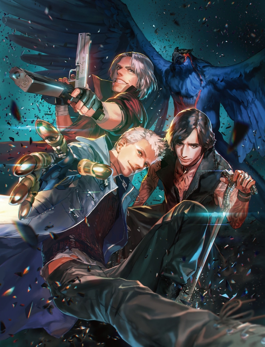 black_eyes, black_hair, black_jacket, black_pants, blue_eyes, blue_jacket, cane, dante_(devil_may_cry)