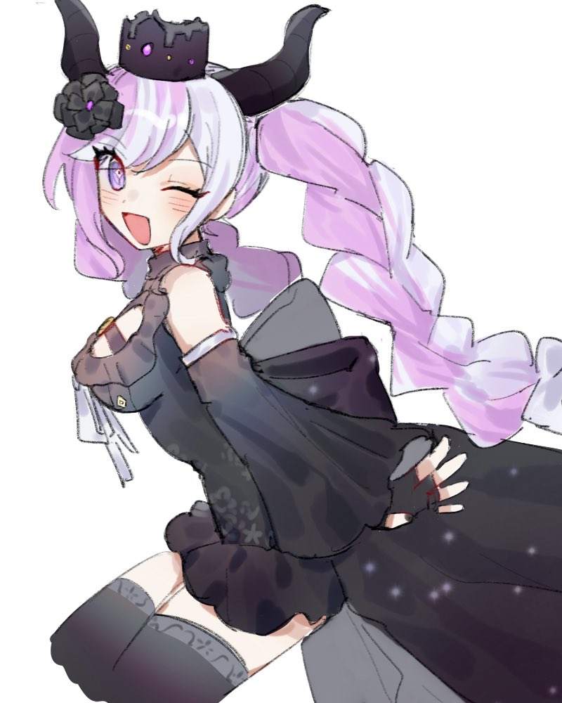 1girl, :d, ;d, beizi_(mskk_is_rio), black_dress, black_gloves, black_horns, black_thighhighs