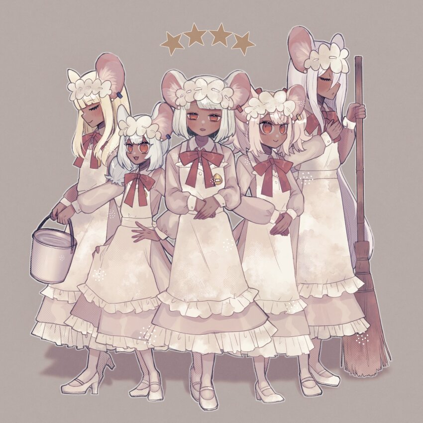 5girls, animal_ears, apron, broom, bucket, bucket_of_water, closed_eyes, daikokuten_(fate)
